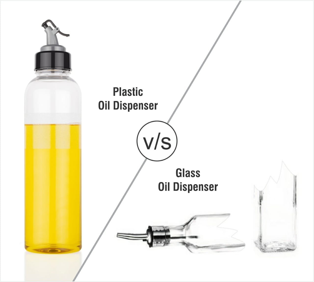 1-liter oil bottle, transparent plastic, with easy-to-use spout. 1-liter oil bottle, transparent plastic, with easy-to-use spout.